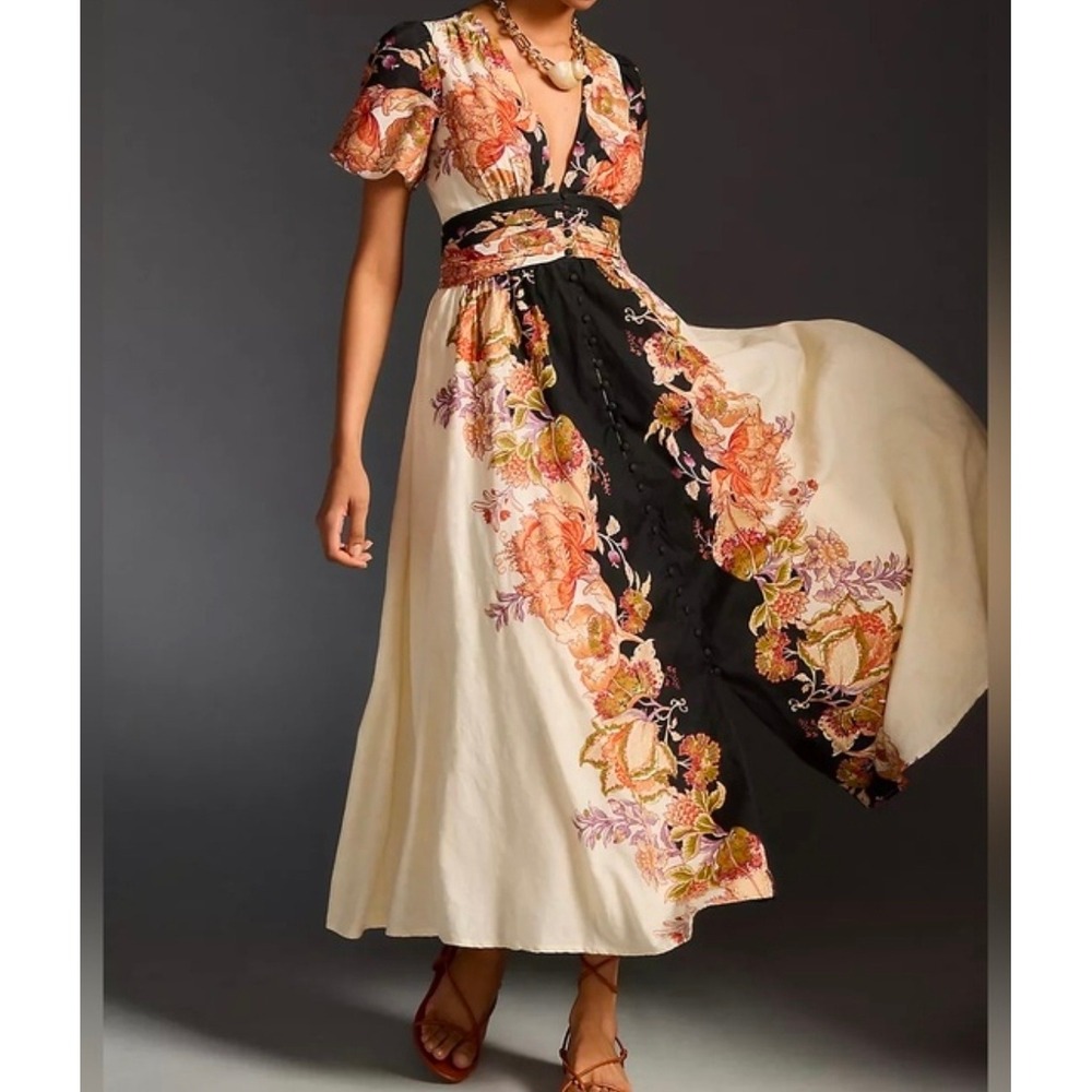 Anthropologie Katerina Button Front Dress Large Petite Floral Boho Maxi